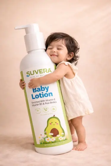 Child hugging oversized product bottle