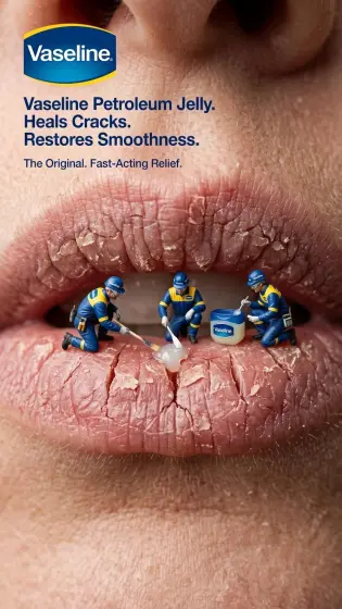 Miniature workers on cracked lips hero
