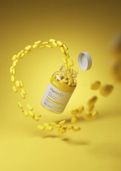 Vitamin C+ bottle with swirling pills