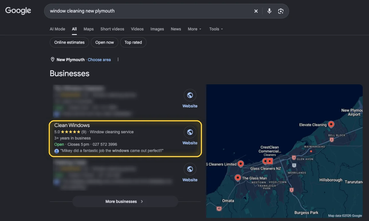 Google results for window cleaning new plymouth, with Clean Windows circled in the top three businesses on the map results.